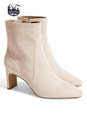Womens Faux Suede Chunky Block Heel Ankle Boots Side Zip Pointed Toe